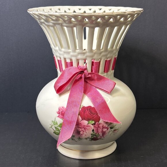 Formalities by Baum Bros Vase Victorian Roses 7.5'' with Matching Rose Ribbon - Picture 1 of 7
